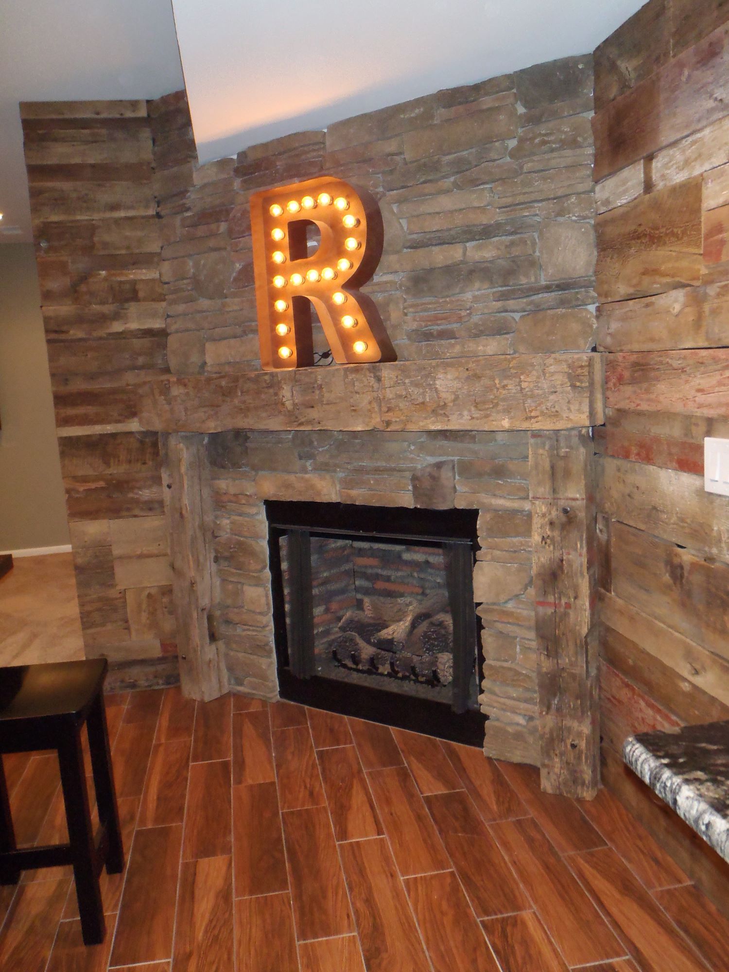 Hand hewn barn beam mantle