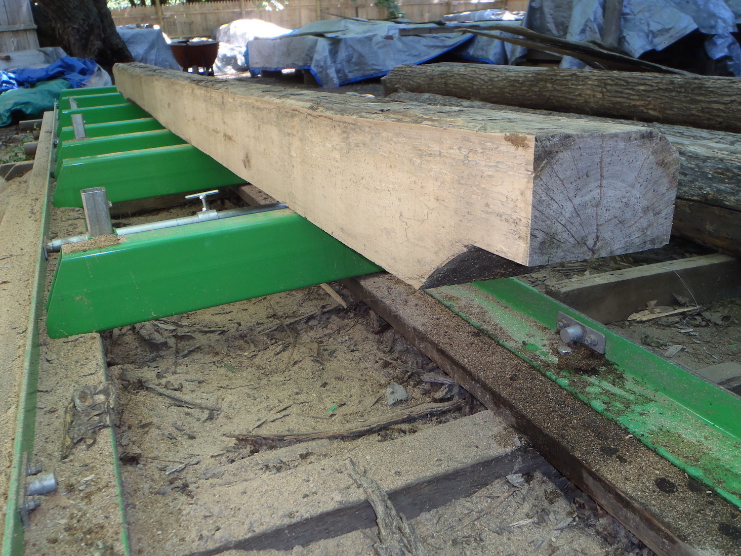 A resawn white oak sleeper on our band sawmill